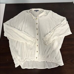 Democracy White Button Front Blouse Size M – Boho Lace Trim Peasant Top
